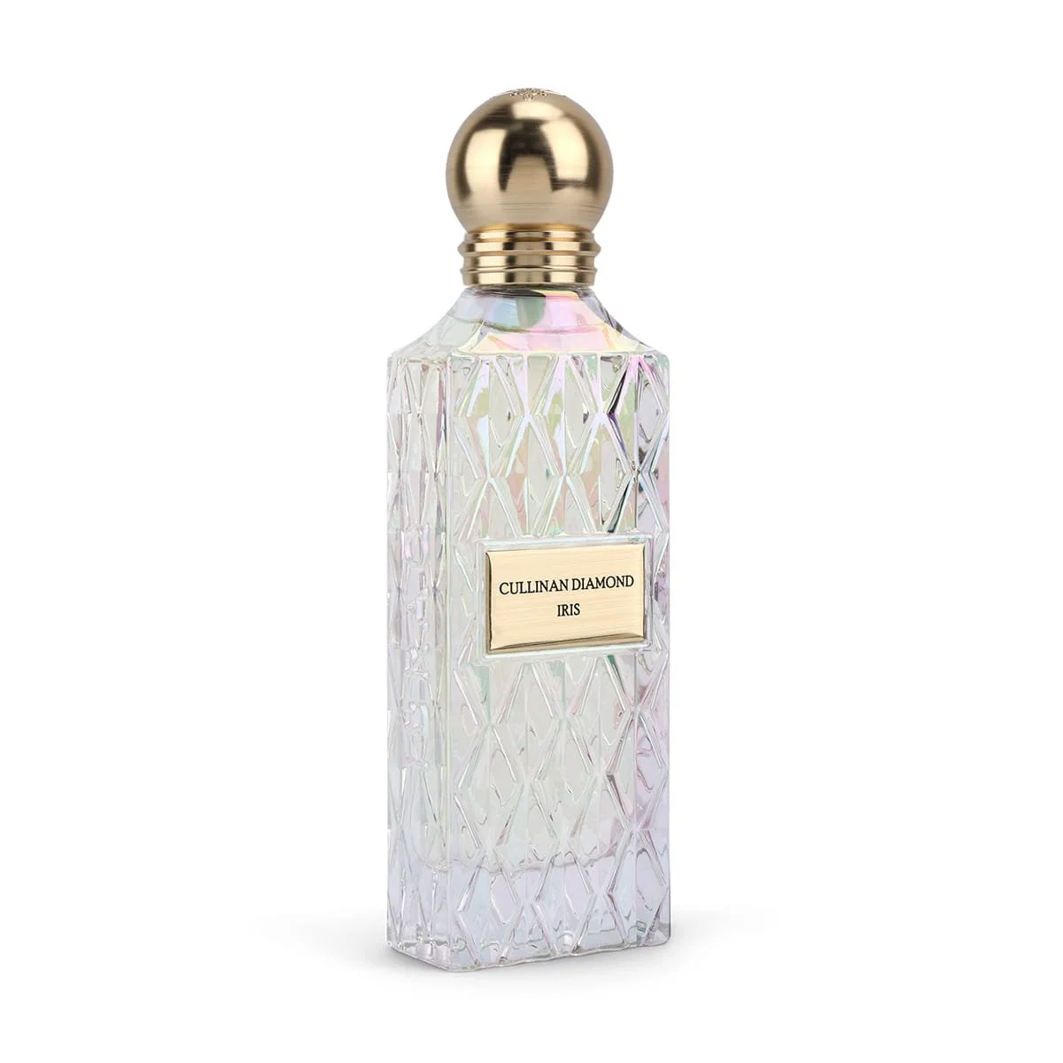 Side angle view of IBRAQ Cullinan Diamond Iris perfume 150ml, luxury fragrance UK
