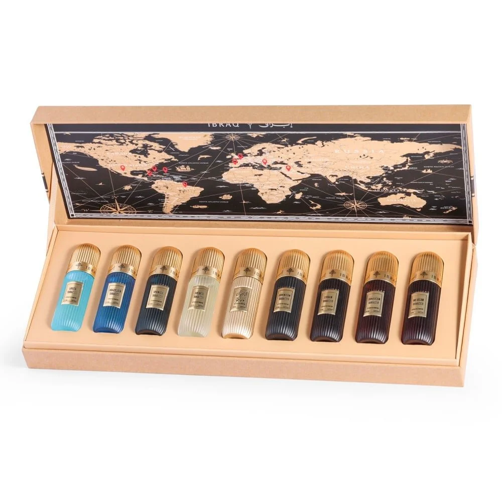 Open Tobacco Collection box by Ibraheem Al Qurashi displaying all nine 20ml perfumes – luxury tobacco-inspired set available at Al Rashid Galleria UK