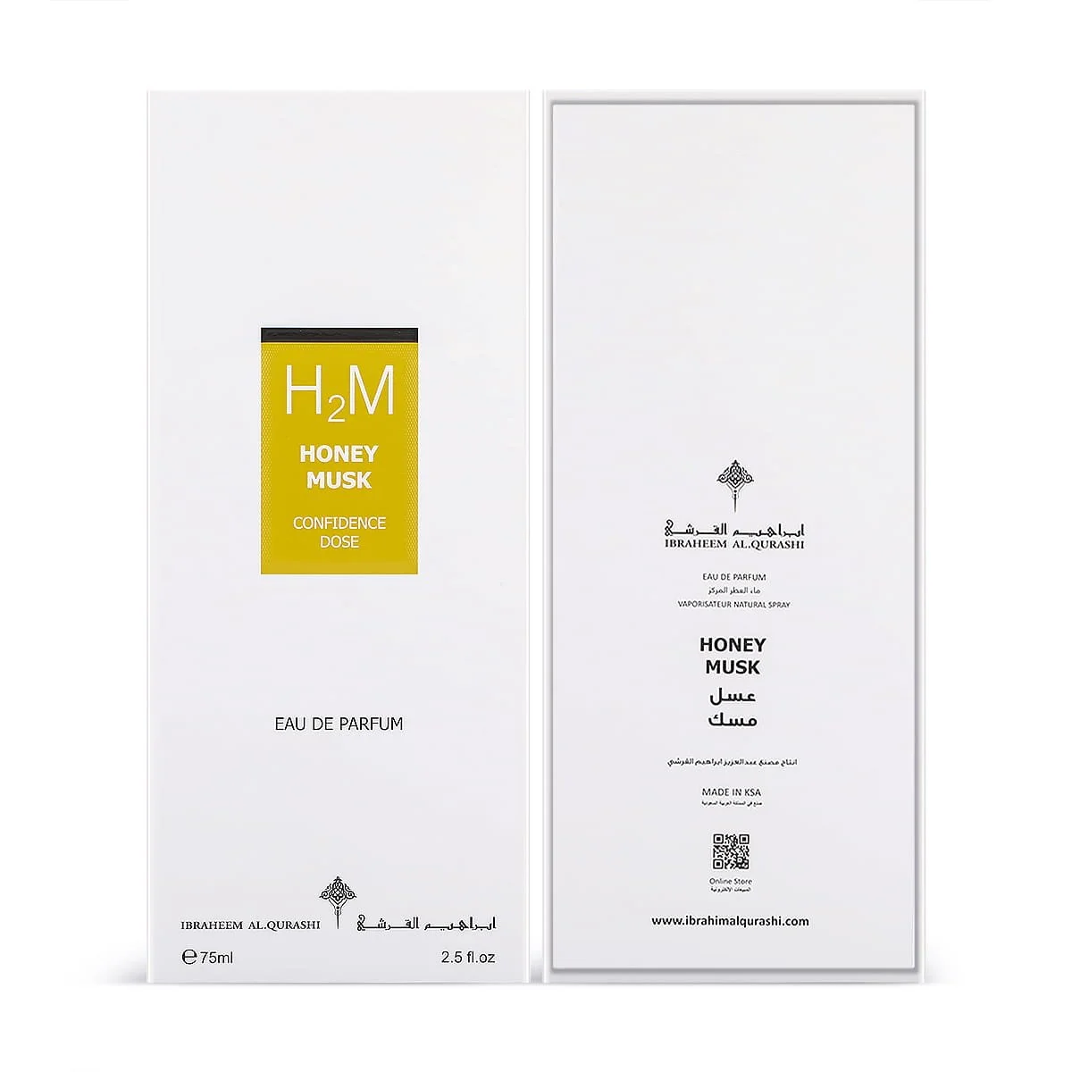 Front and back of IBRAQ Confidence Dose Honey Musk box in one photo, premium packaging UK