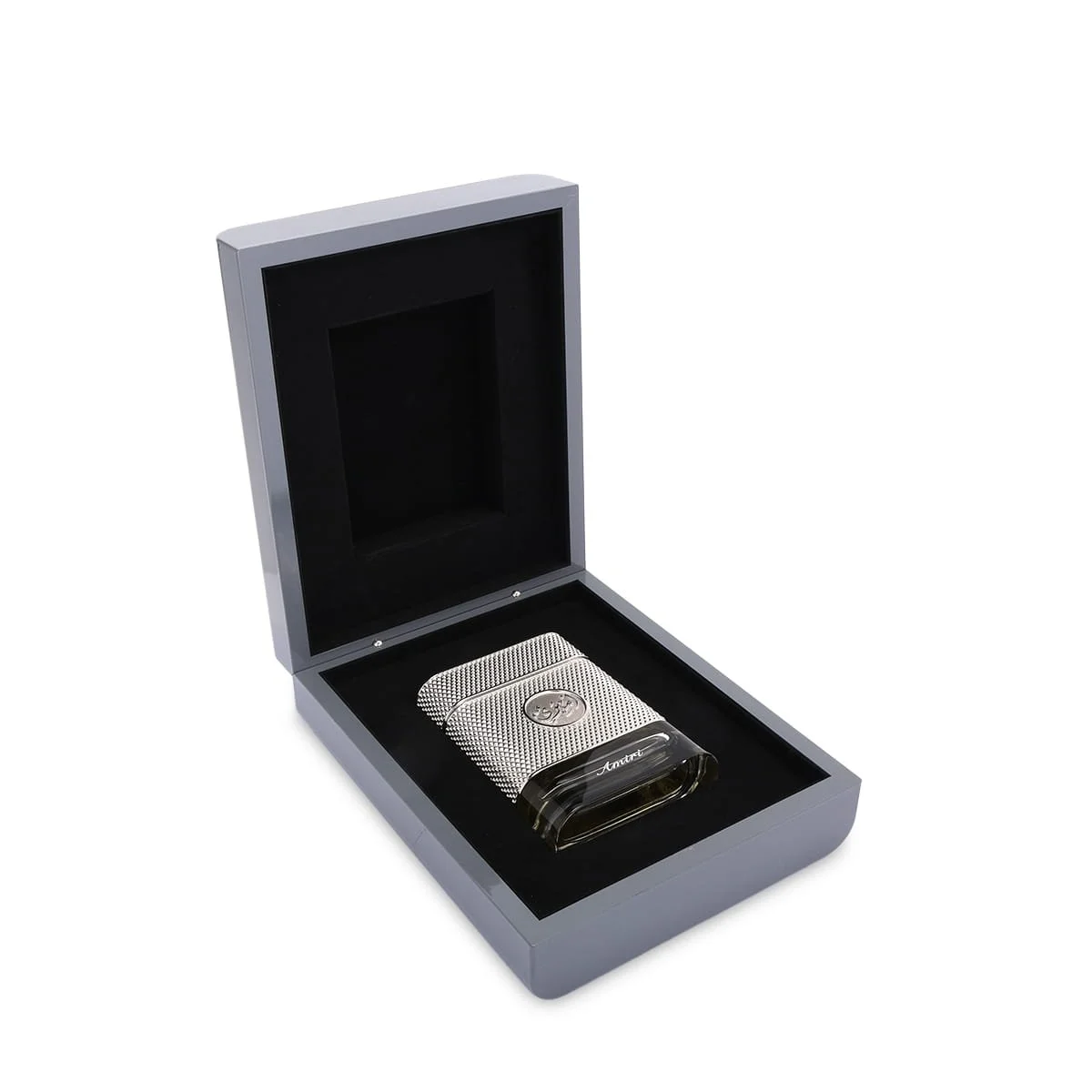 Arabian Oud Amiri perfume inside open luxury box, premium fragrance presentation UK