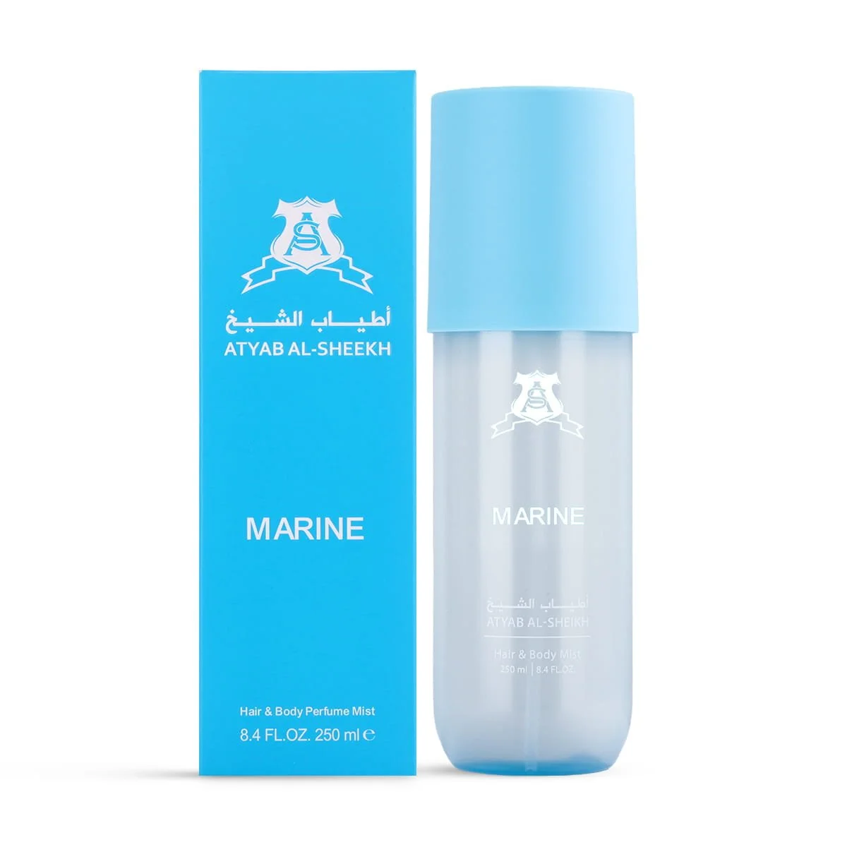 Atyab Al Sheekh Marine Hair & Body Perfume 250ml next to luxury branded box UK