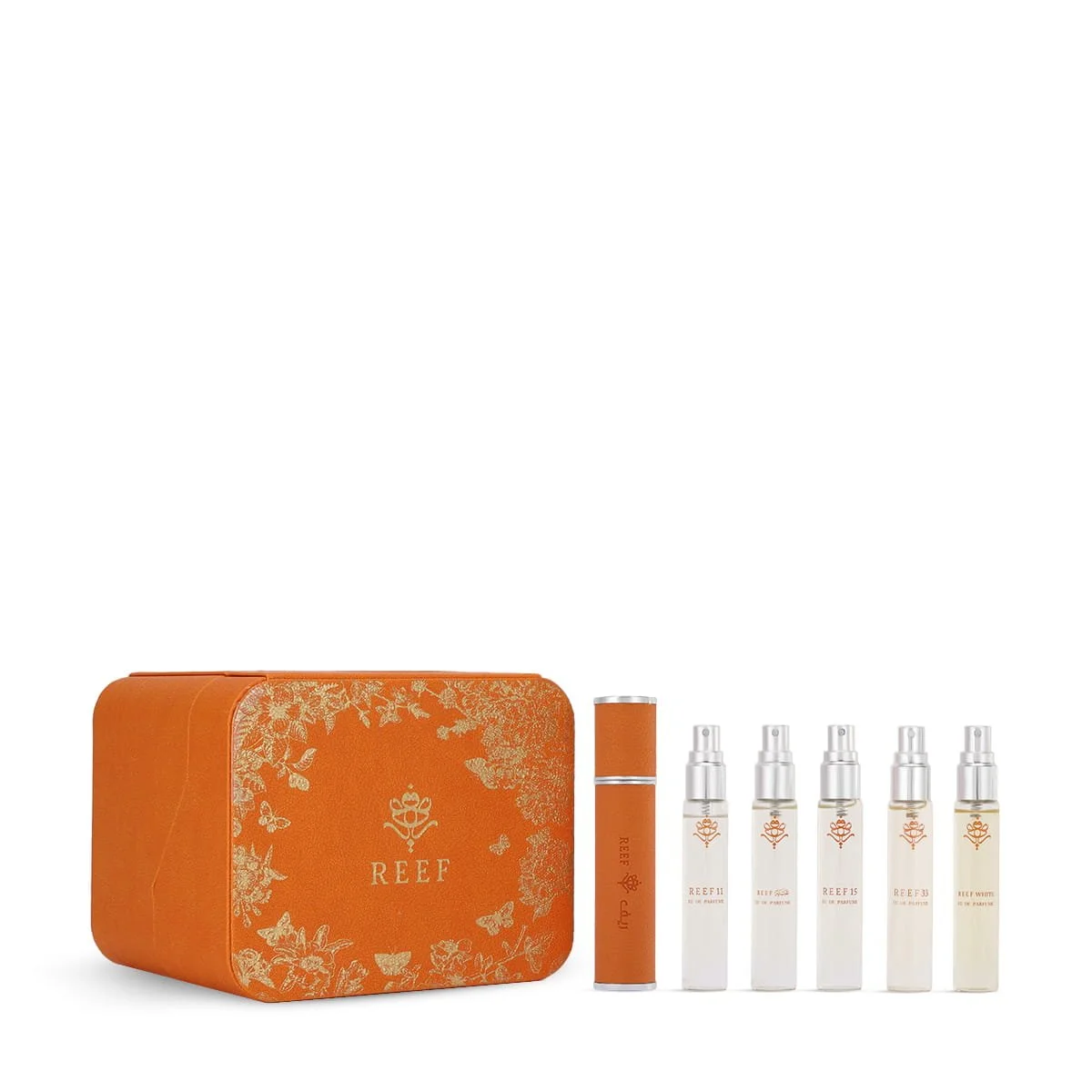 Reef perfume bag orange case with 5x10ml perfumes on white background, luxury Arabian travel fragrance set UK