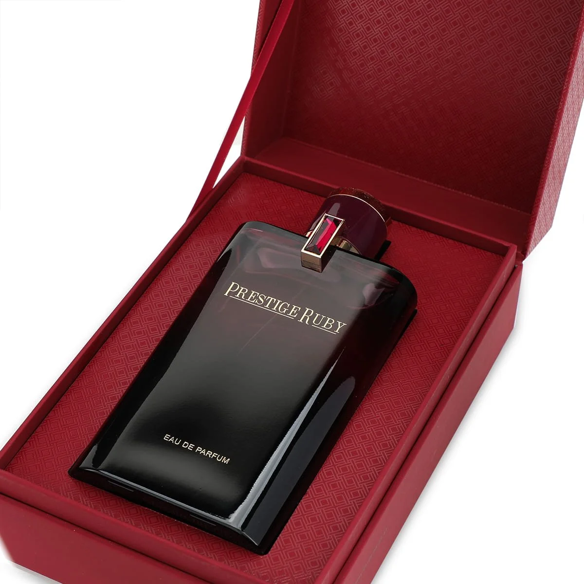Al Majed Oud Prestige Ruby perfume inside luxury white case, premium packaging UK