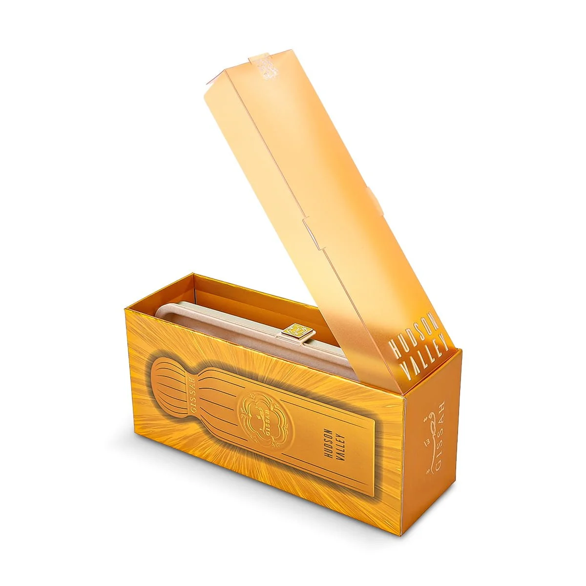 Gissah Hudson Valley perfume box slightly open, premium luxury fragrance packaging UK