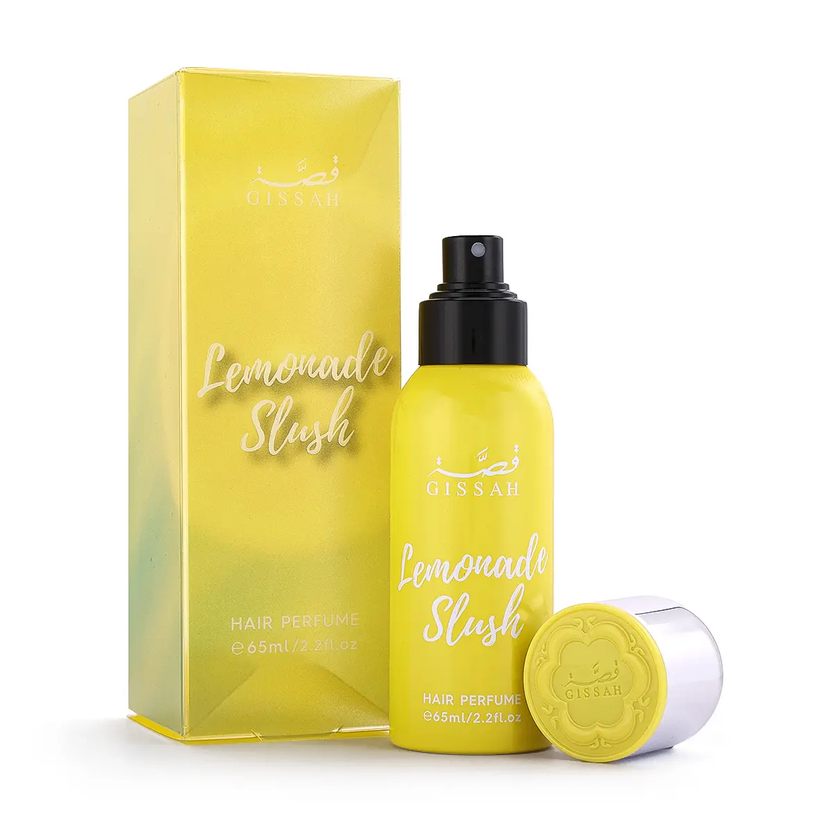 Gissah Lemonade Slush hair mist 65ml displayed next to its box, fresh citrus luxury hair perfume UK