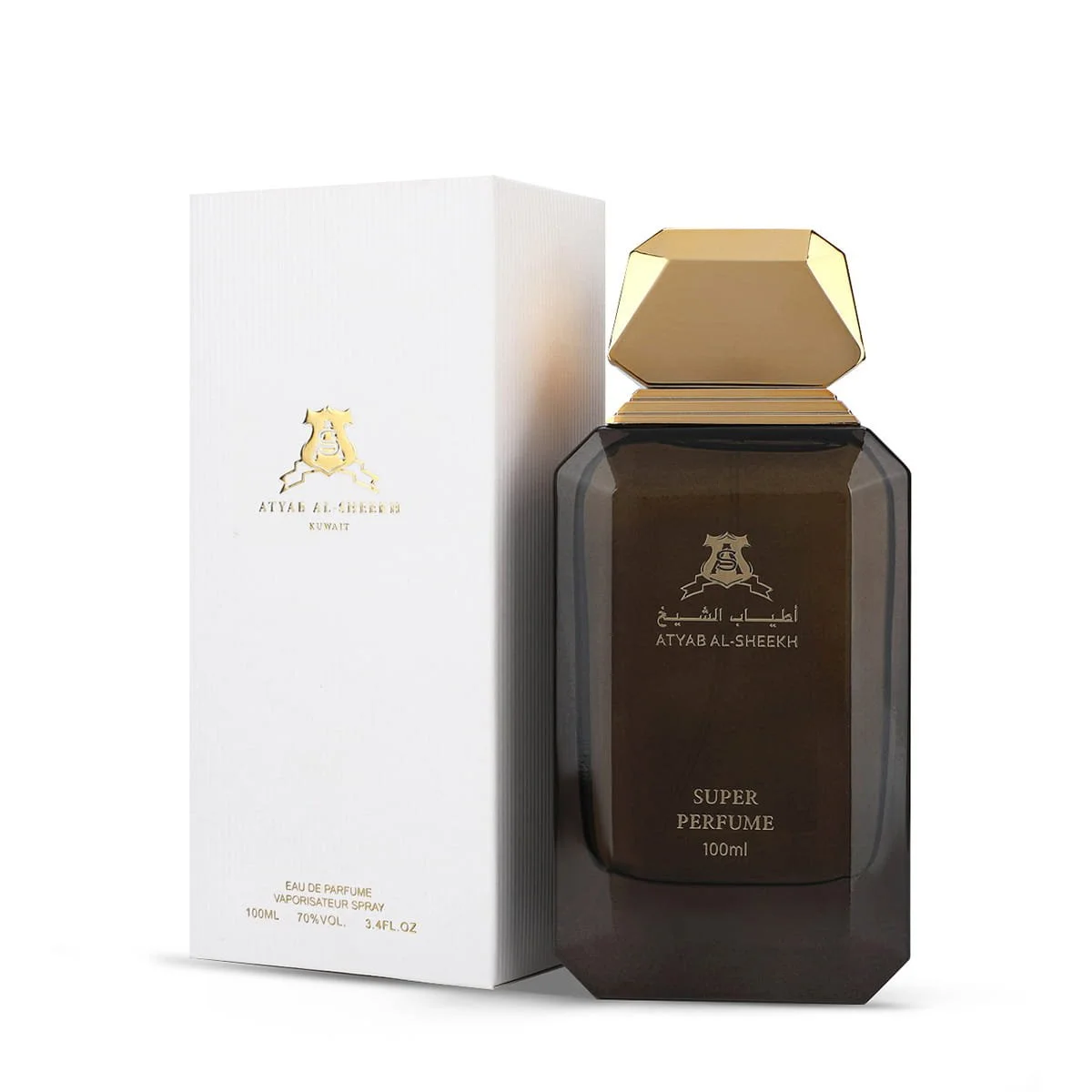 Atyab Al Sheekh Super perfume next to luxury box, premium oud leather fragrance UK