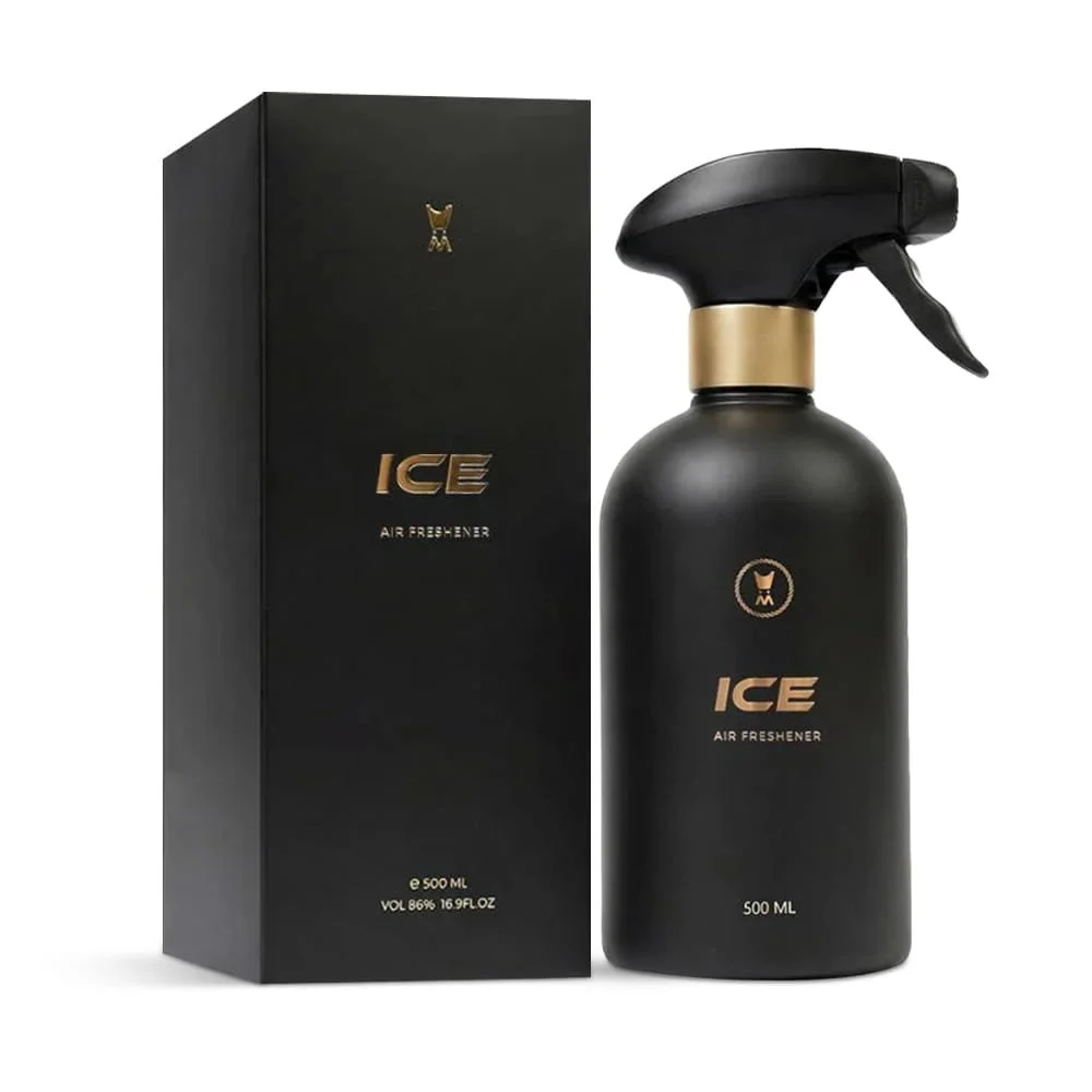 Al Majed Oud Ice air freshener 500ml next to box, luxury home fragrance UK