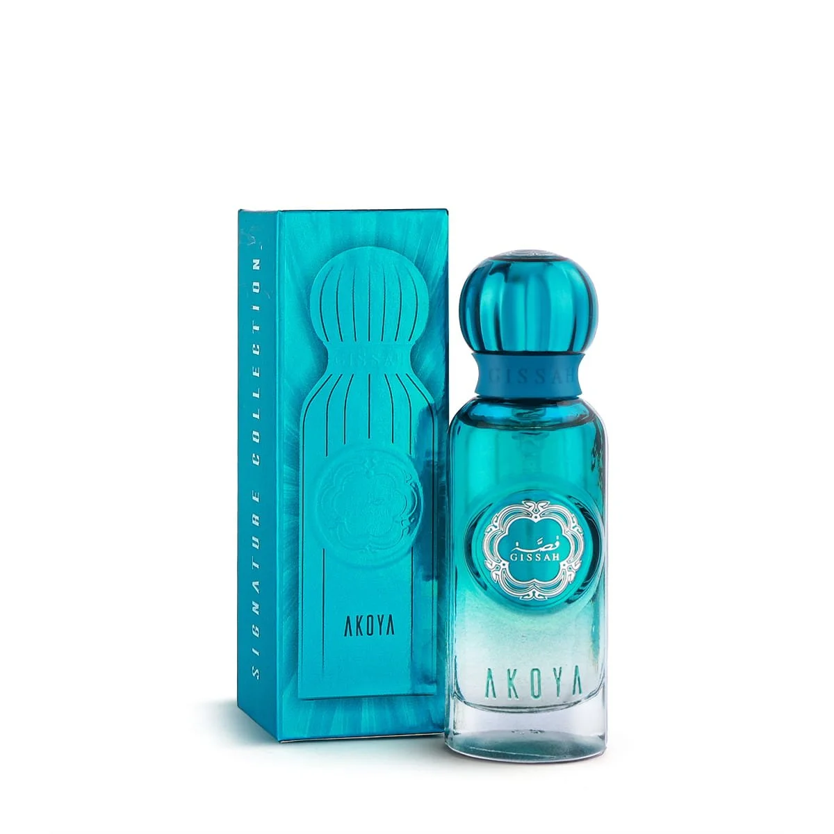 Gissah Akoya 15ml Eau de Parfum displayed beside its turquoise box – luxury unisex Eid perfume gift UK