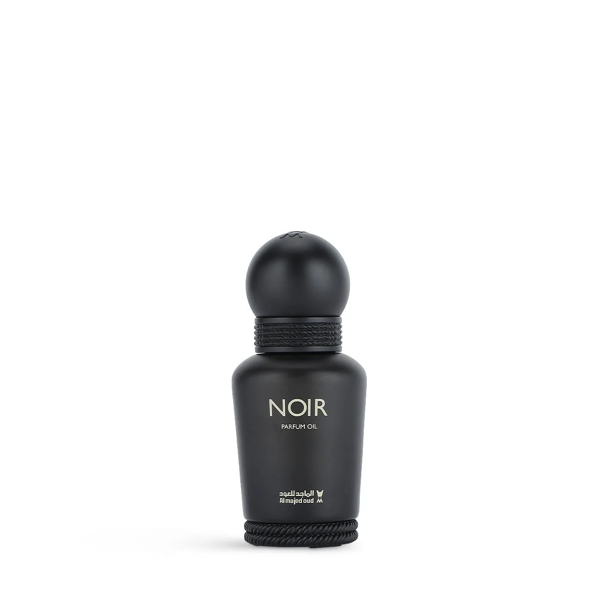 Al Majed Oud Noir parfum oil 15ml on white background, smoky leather oud oil UK