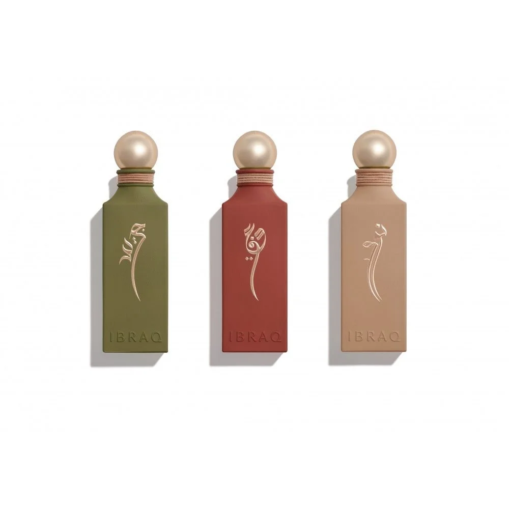 Irth Collection perfumes — Nawa, Jareed, and Athq — showcased on a white background highlighting their refined bottle design.