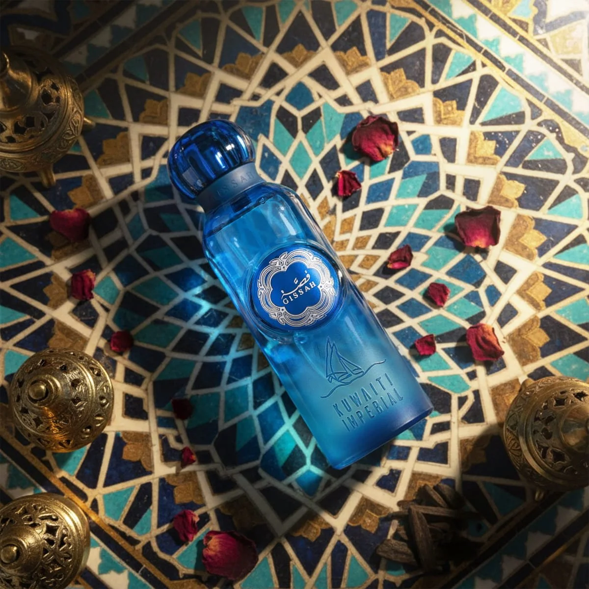 Kuwaiti Imperial by Gissah on colourful tiles, luxury Middle Eastern perfume aesthetic UK