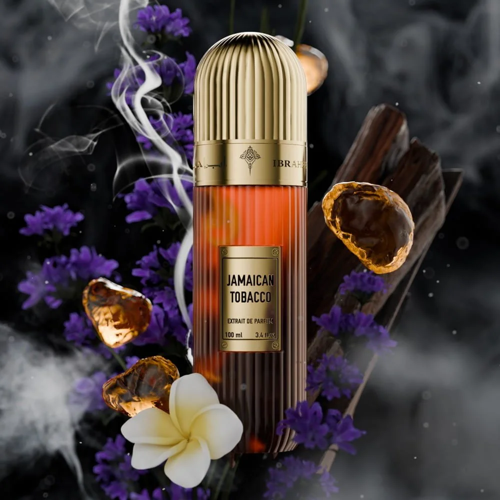 Ibraheem Al Qurashi Jamaican Tobacco perfume with ingredients display, citrus woody tobacco fragrance UK