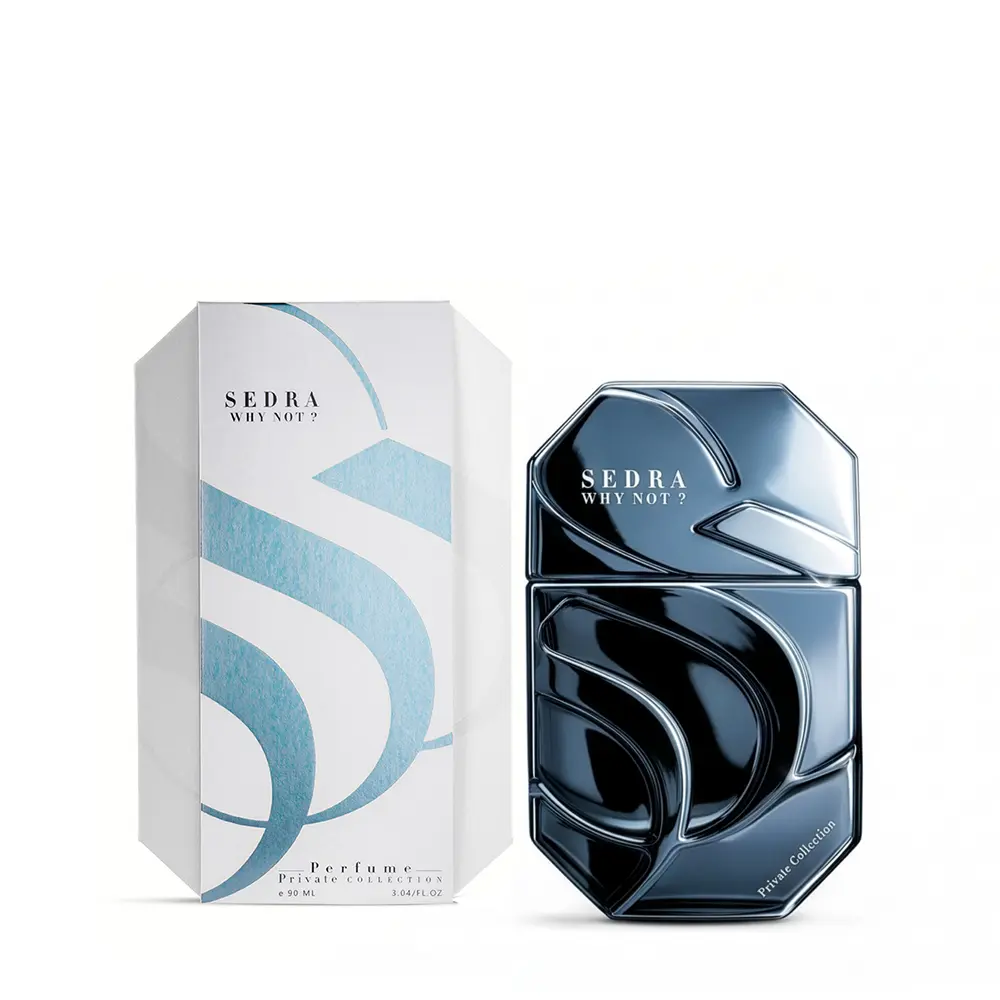 SEDRA WHY NOT perfume 90ml next to luxury box, premium woody spicy fragrance UK