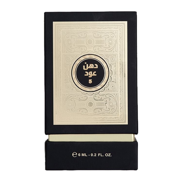 Front view of Al Majed Oud Dehn Oud No 5 6ml box, premium oud oil packaging UK