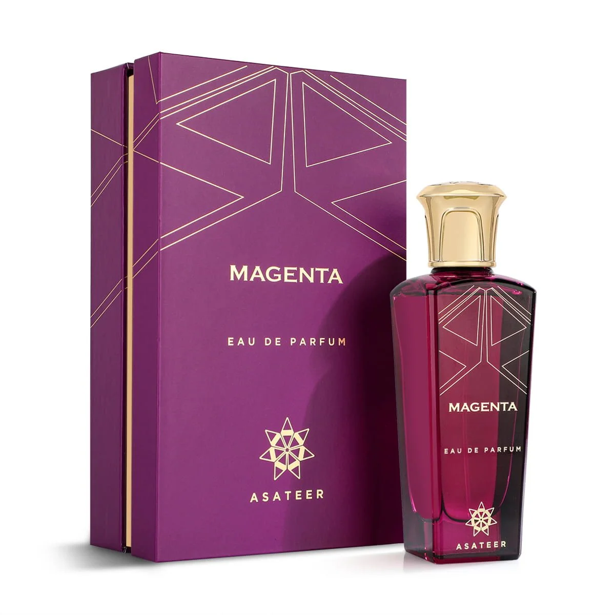 Asateer Magenta Eau De Parfum 80ml positioned in front of luxury branded box UK