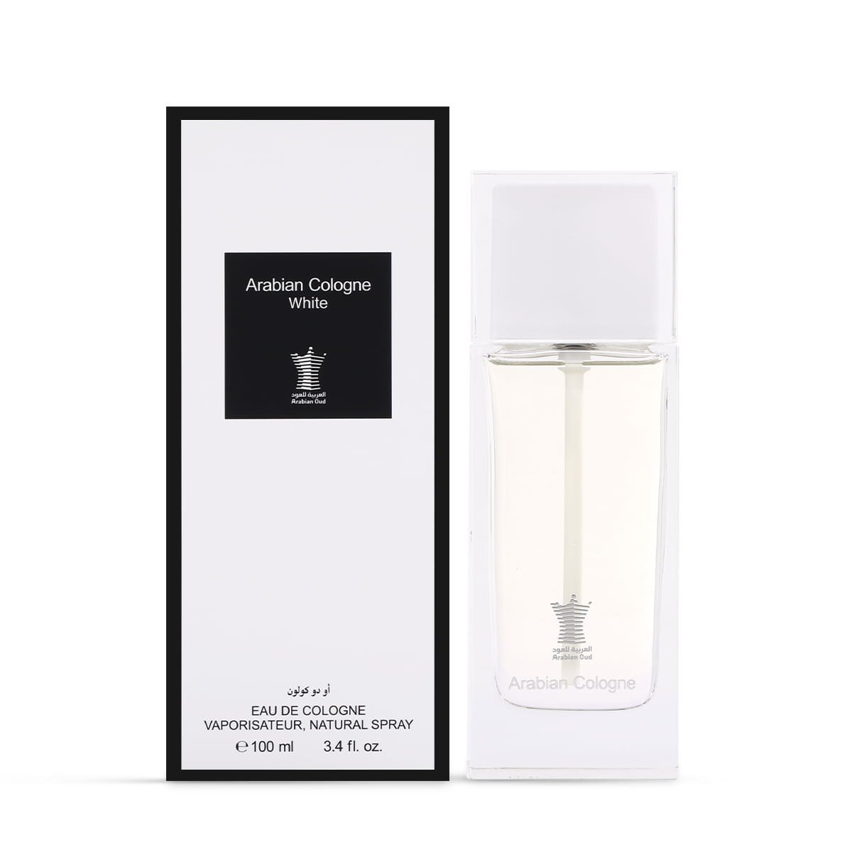 Arabian Oud Arabian Cologne White Eau De Cologne 100ml next to luxury branded box UK
