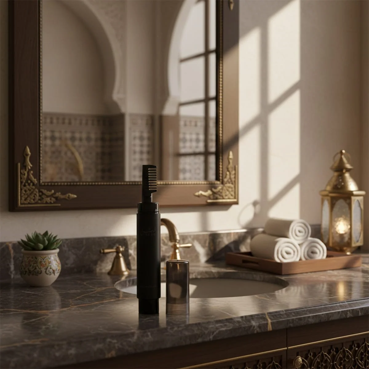 Gissah No.1 scented hair serum displayed on a luxury bathroom counter, modern perfumed hair care by Gissah