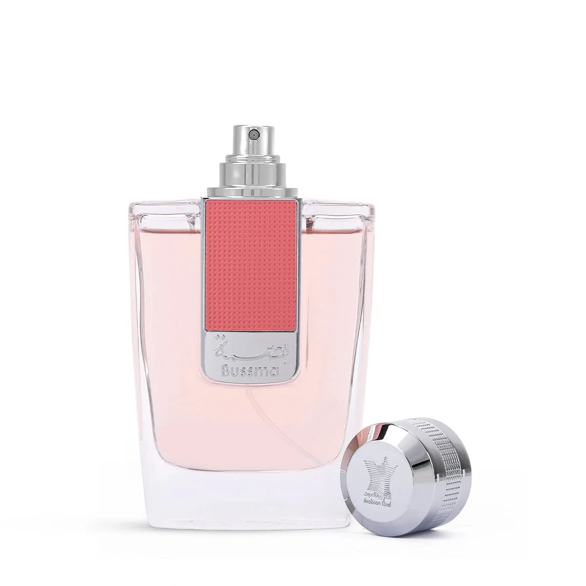 Arabian Oud Bussma Pink Eau De Parfum 95ml with cap open on white background UK