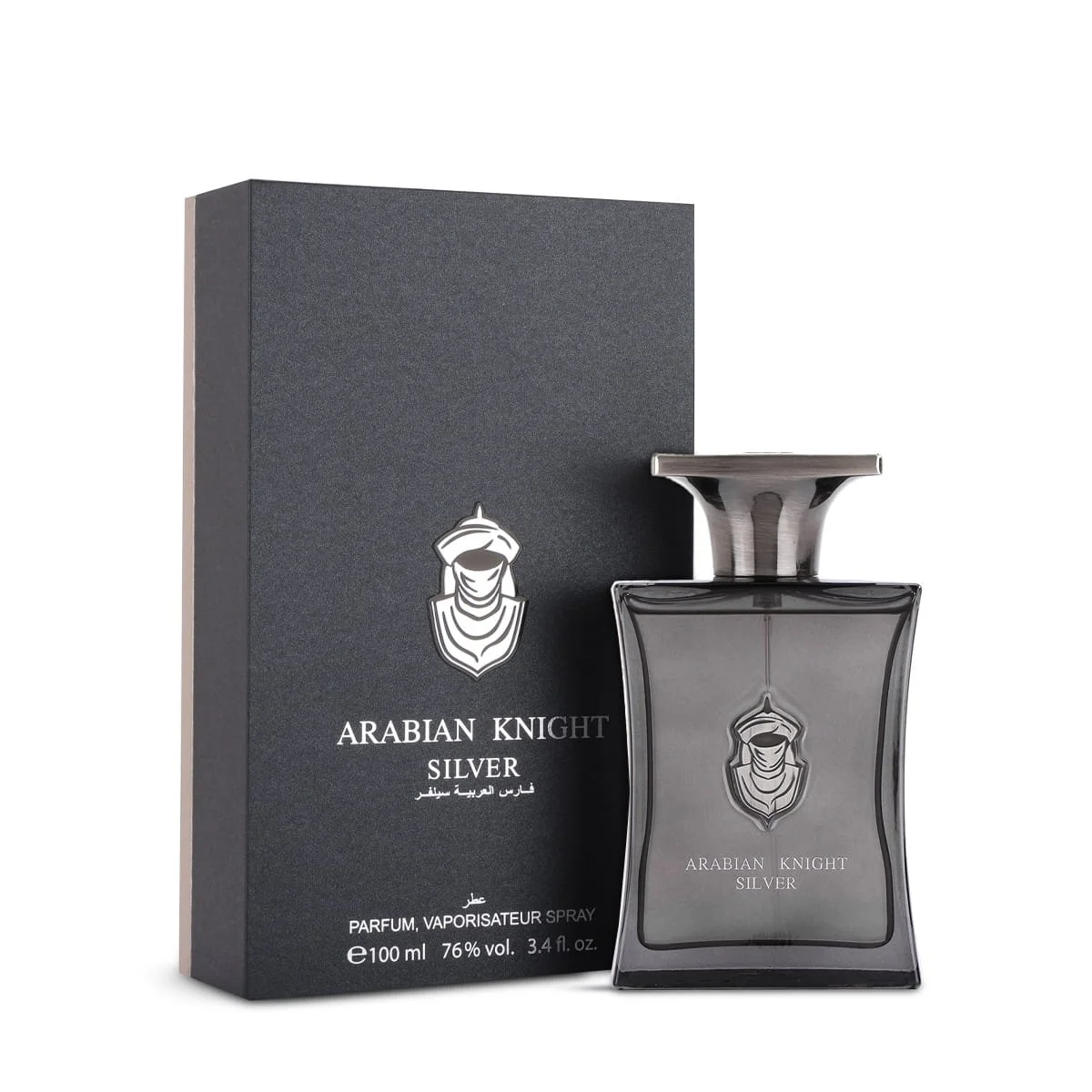 Arabian Oud Arabian Knight Silver 100ml perfume displayed next to luxury box, warm vanilla fragrance UK