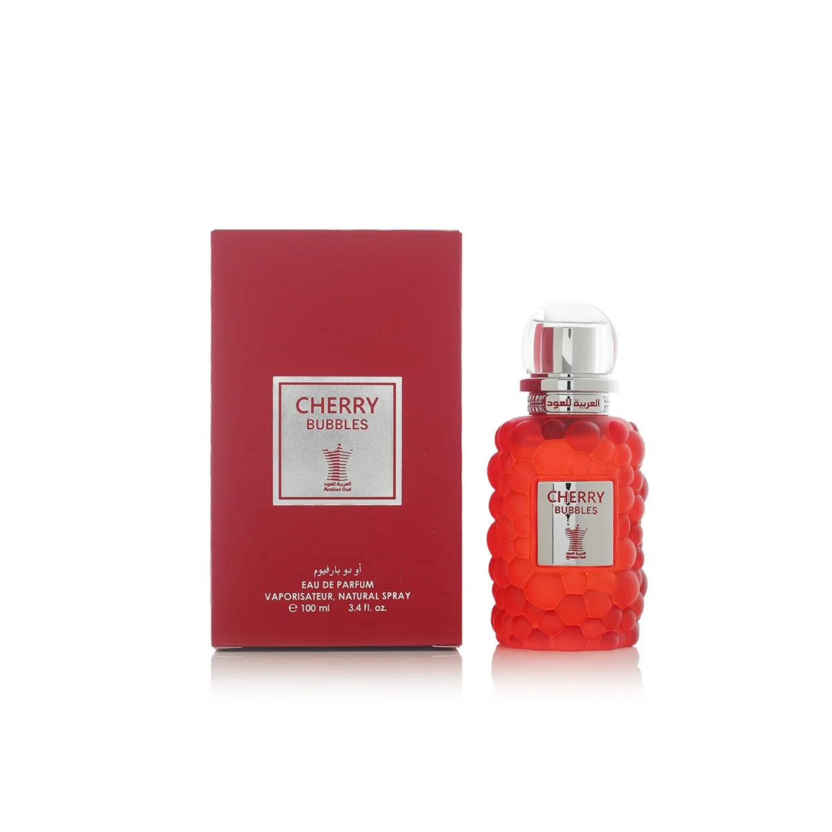 Arabian Oud Cherry Bubbles 100ml perfume displayed next to luxury box, sweet cherry fragrance UK