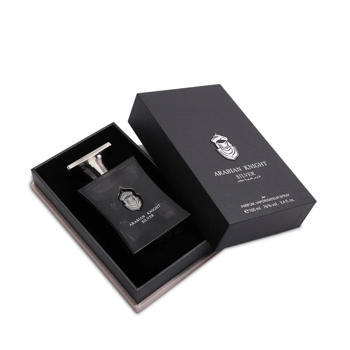 Arabian Oud Arabian Knight Silver perfume inside open luxury box, premium fragrance presentation UK
