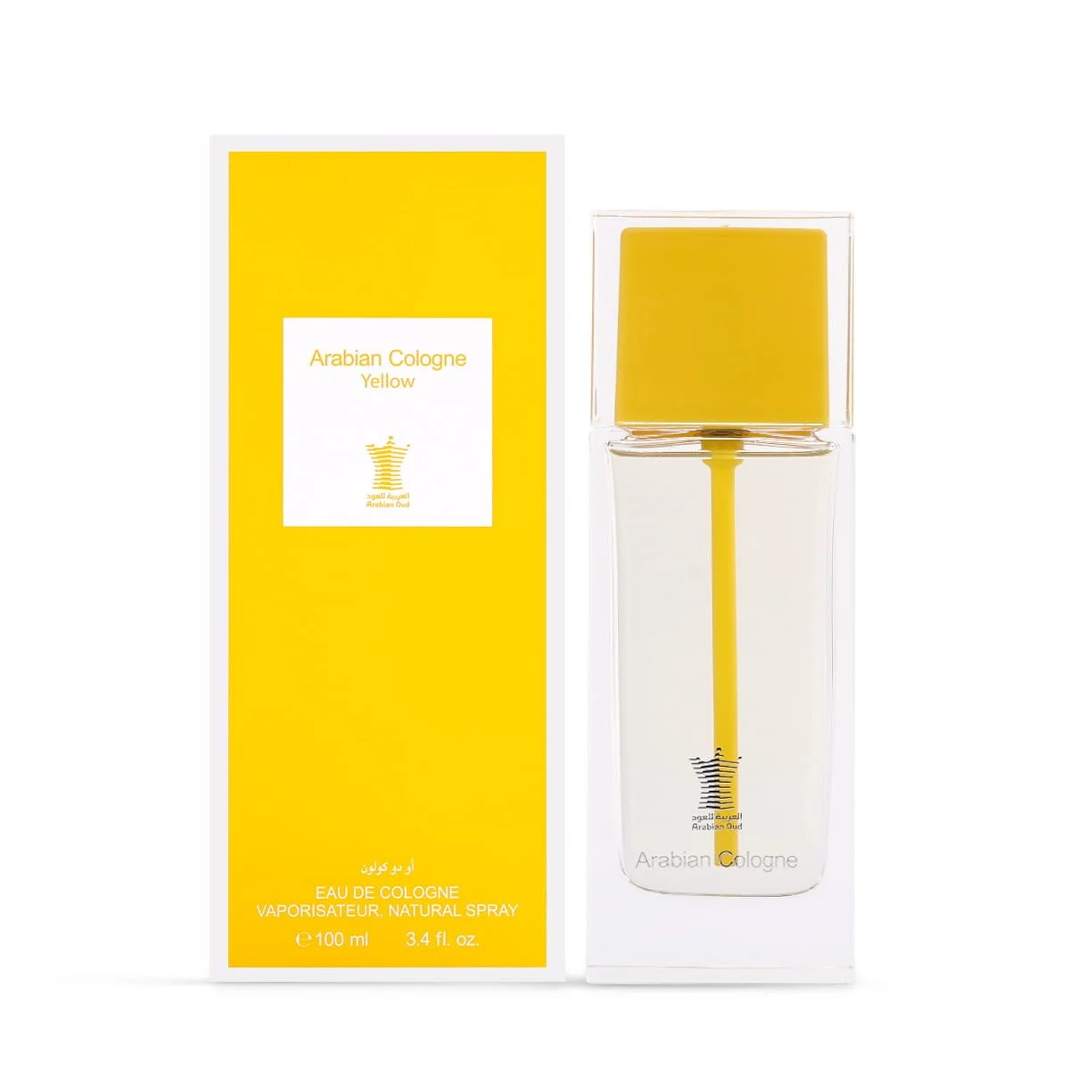 Arabian Oud Arabian Cologne Yellow Eau De Cologne 100ml next to luxury branded box UK