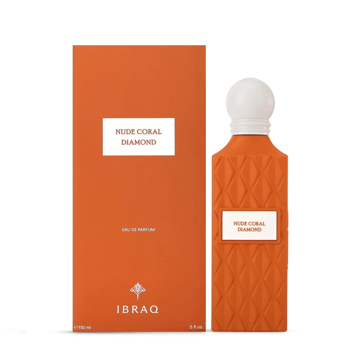 IBRAQ Nude Coral Diamond perfume 150ml next to box, premium fragrance UK