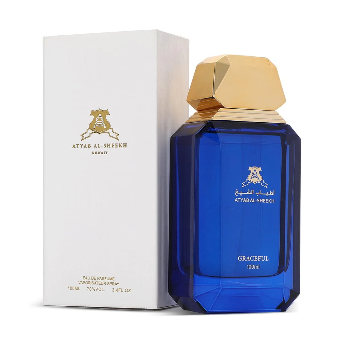Atyab Al Sheekh Graceful perfume next to luxury box, premium spicy woody fragrance UK