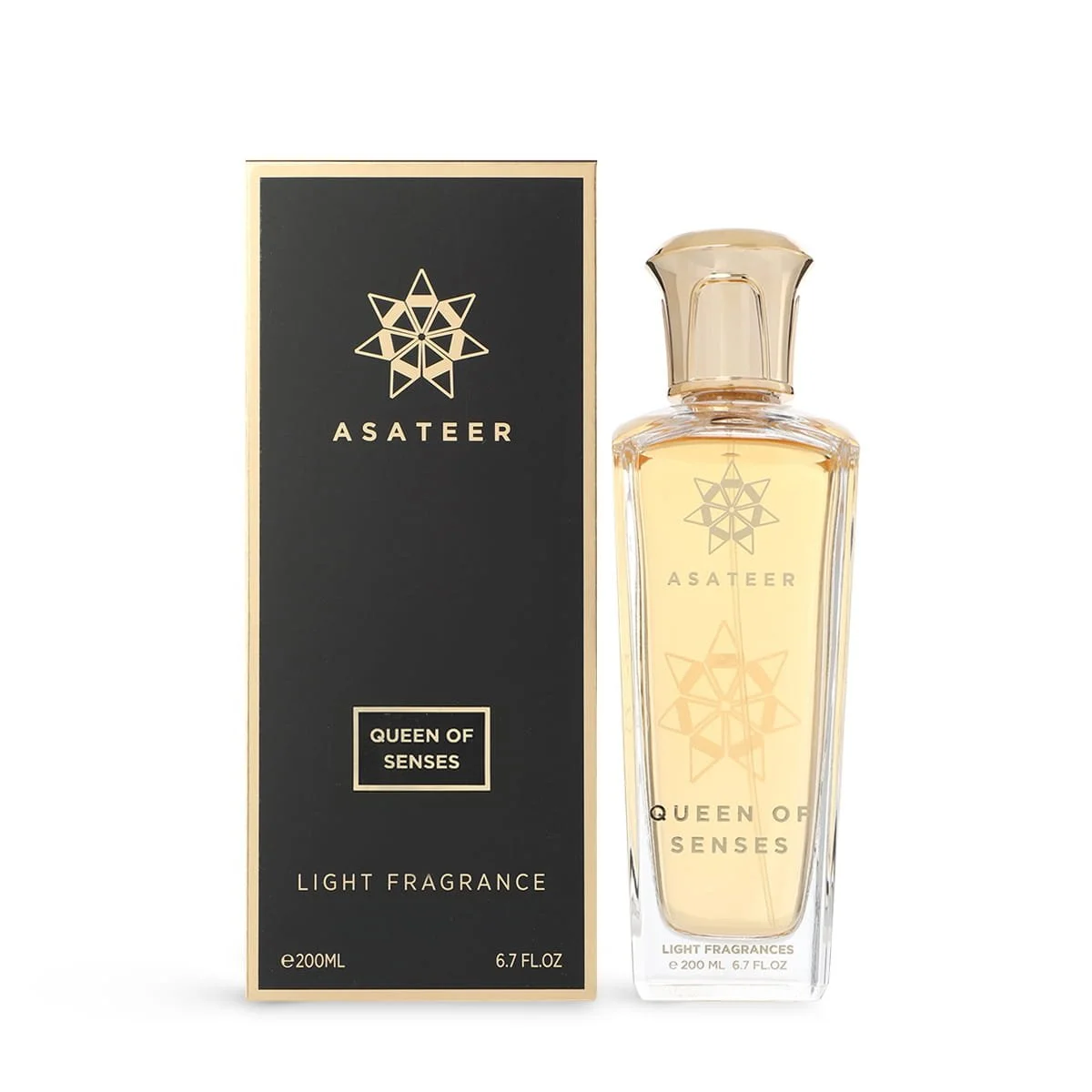 Asateer Queen Of Senses Light Fragrance 200ml next to luxury branded box UK