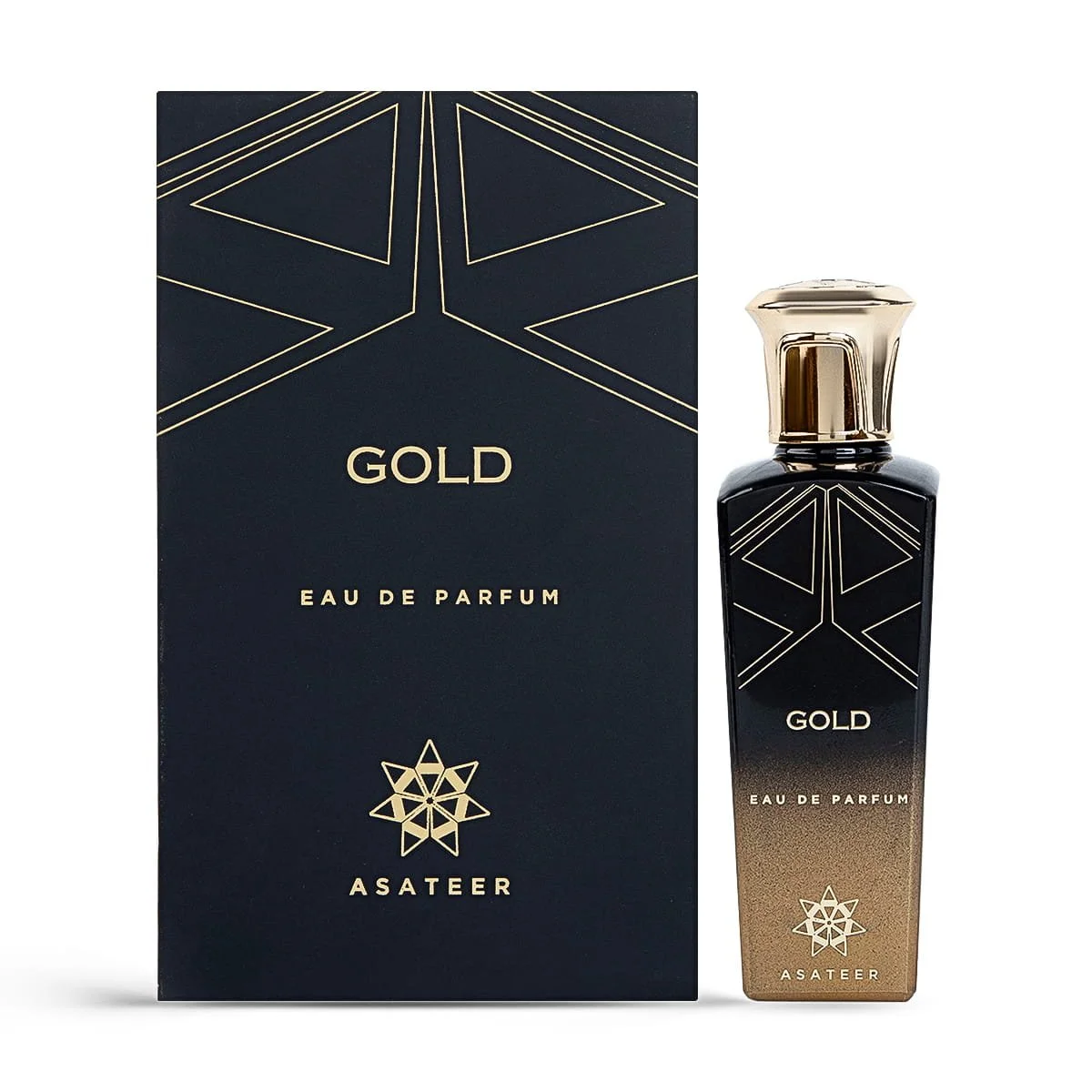 Asateer Gold Eau De Parfum 80ml next to luxury branded box UK