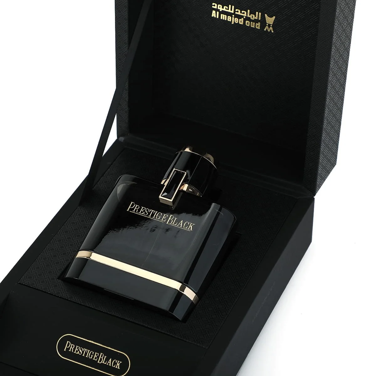 Al Majed Oud Prestige Black perfume inside luxury white case, premium packaging UK