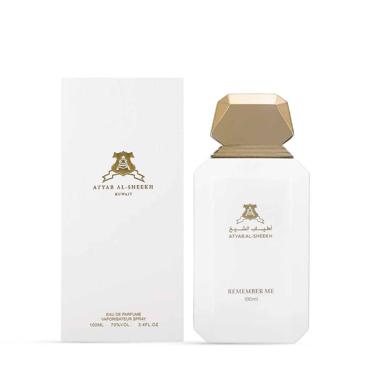 Atyab Al Sheekh Remember Me White perfume next to luxury box, premium saffron amber fragrance UK