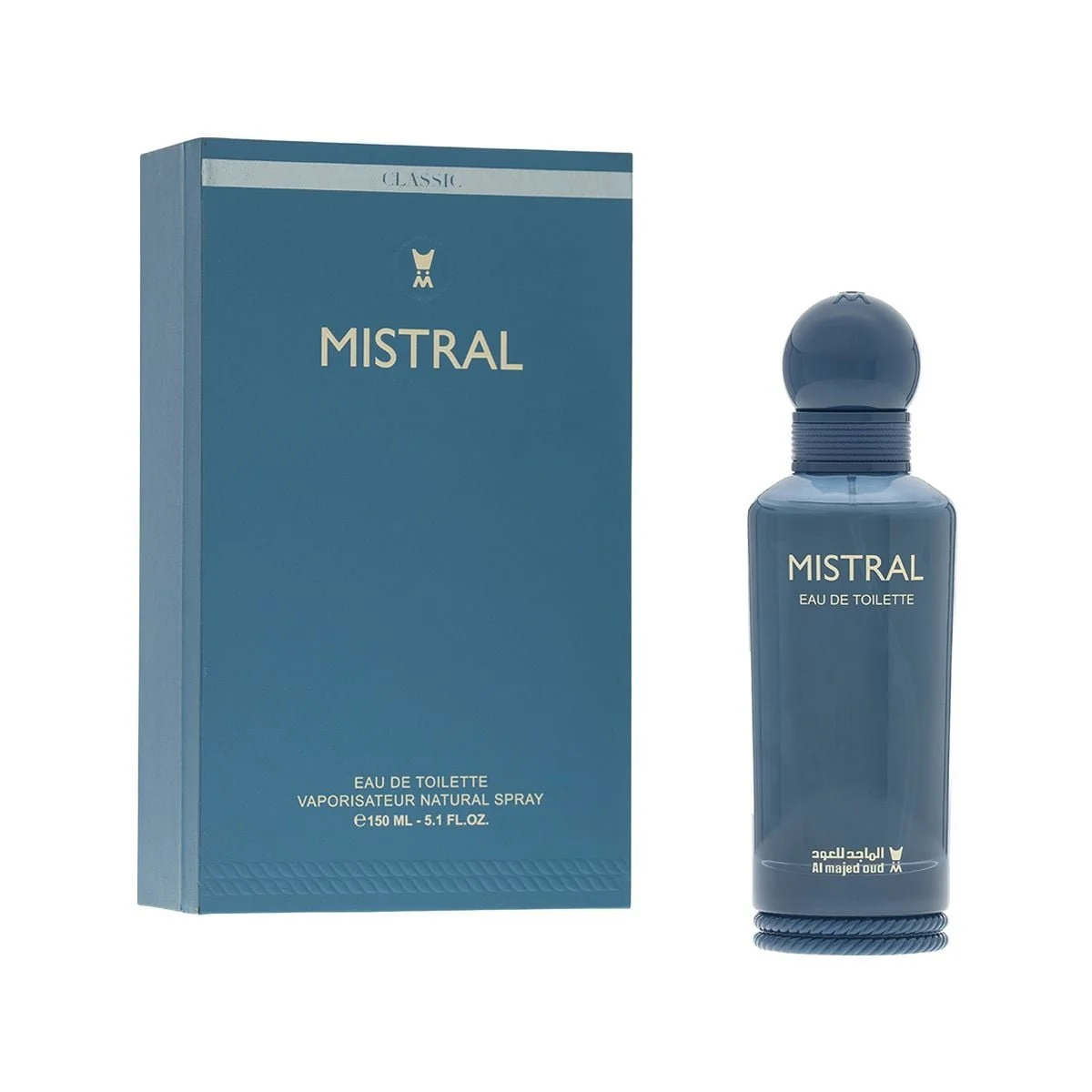 Al Majed Oud Mistral perfume 150ml next to box, premium fragrance UK