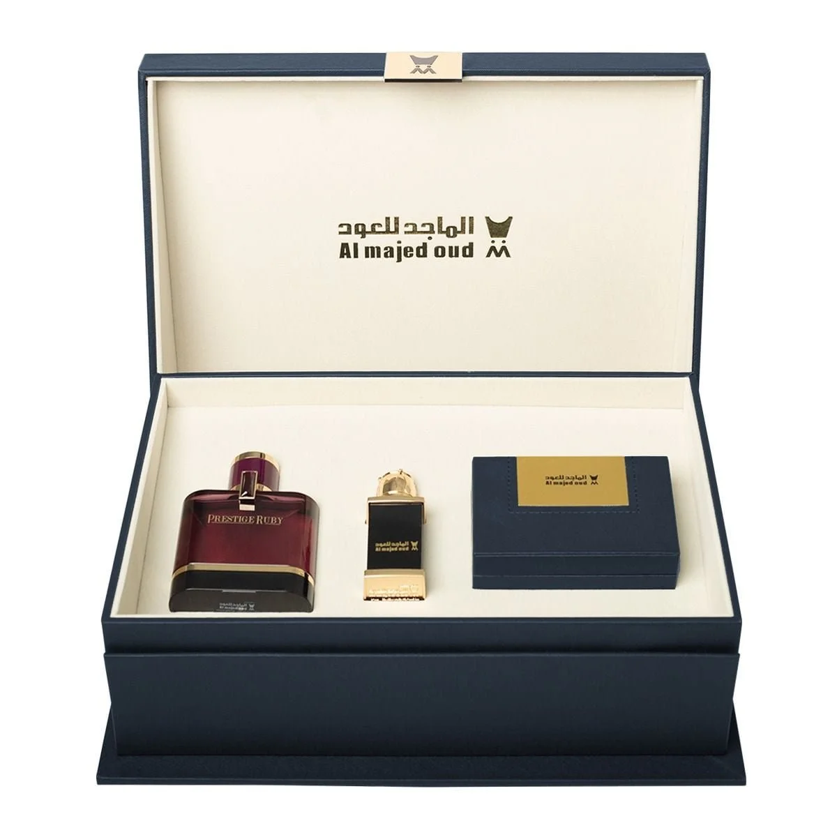 Al Majed Oud black leather gift set open angled view with perfume, oil and oud, luxury set UK
