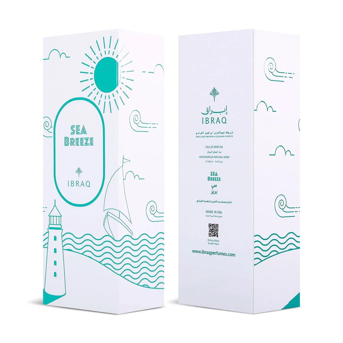 Front and back of Sea Breeze box by Ibraheem Al Qurashi showing fragrance notes and product details – Al Rashid Galleria UK.