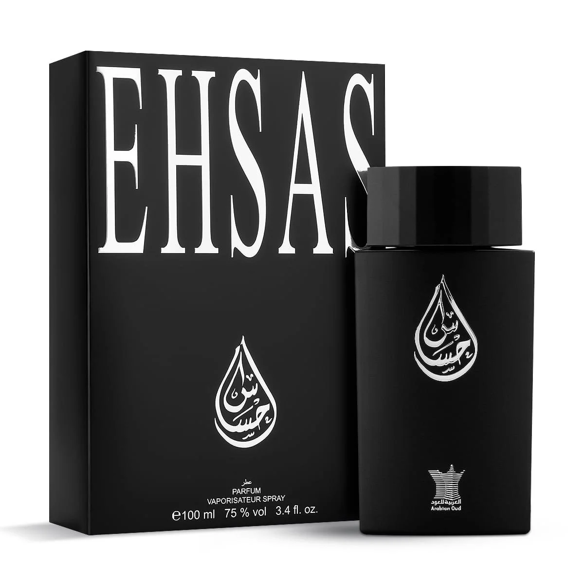 Arabian Oud Ehsas Eau De Parfum 100ml beside luxury branded box UK