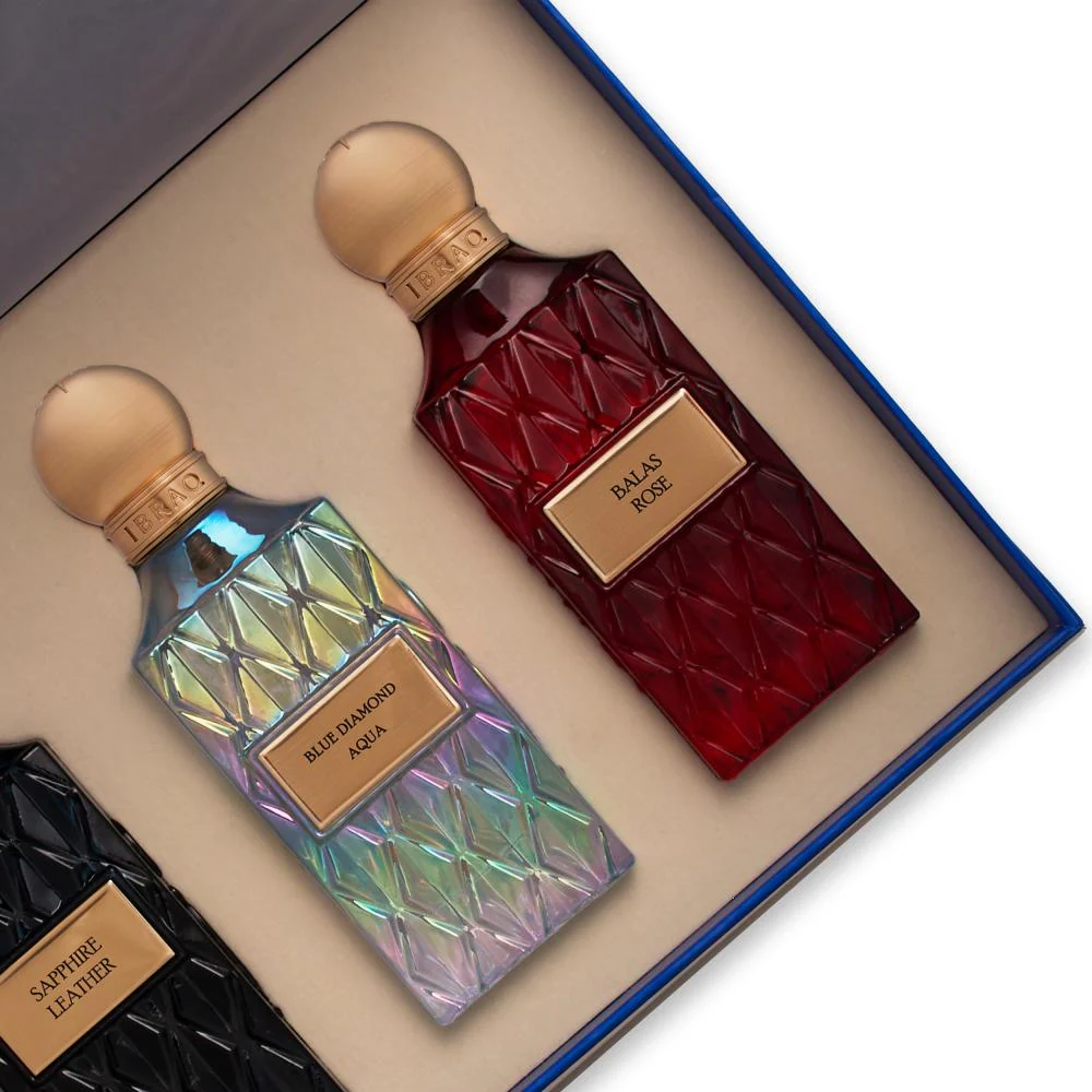 Close shot of IBRAQ Blue Wish Collection perfumes inside luxury box, elegant fragrance collection UK