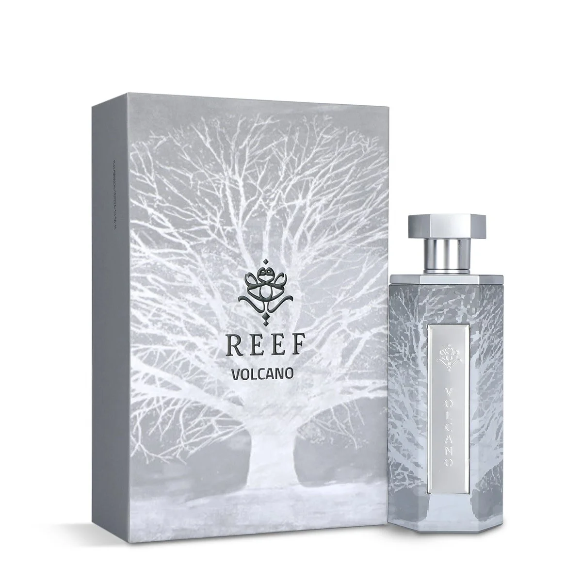 Volcano Eau de Parfum by Reef Perfumes displayed beside its luxury box, unisex fragrance from Al Rashid Galleria UK
