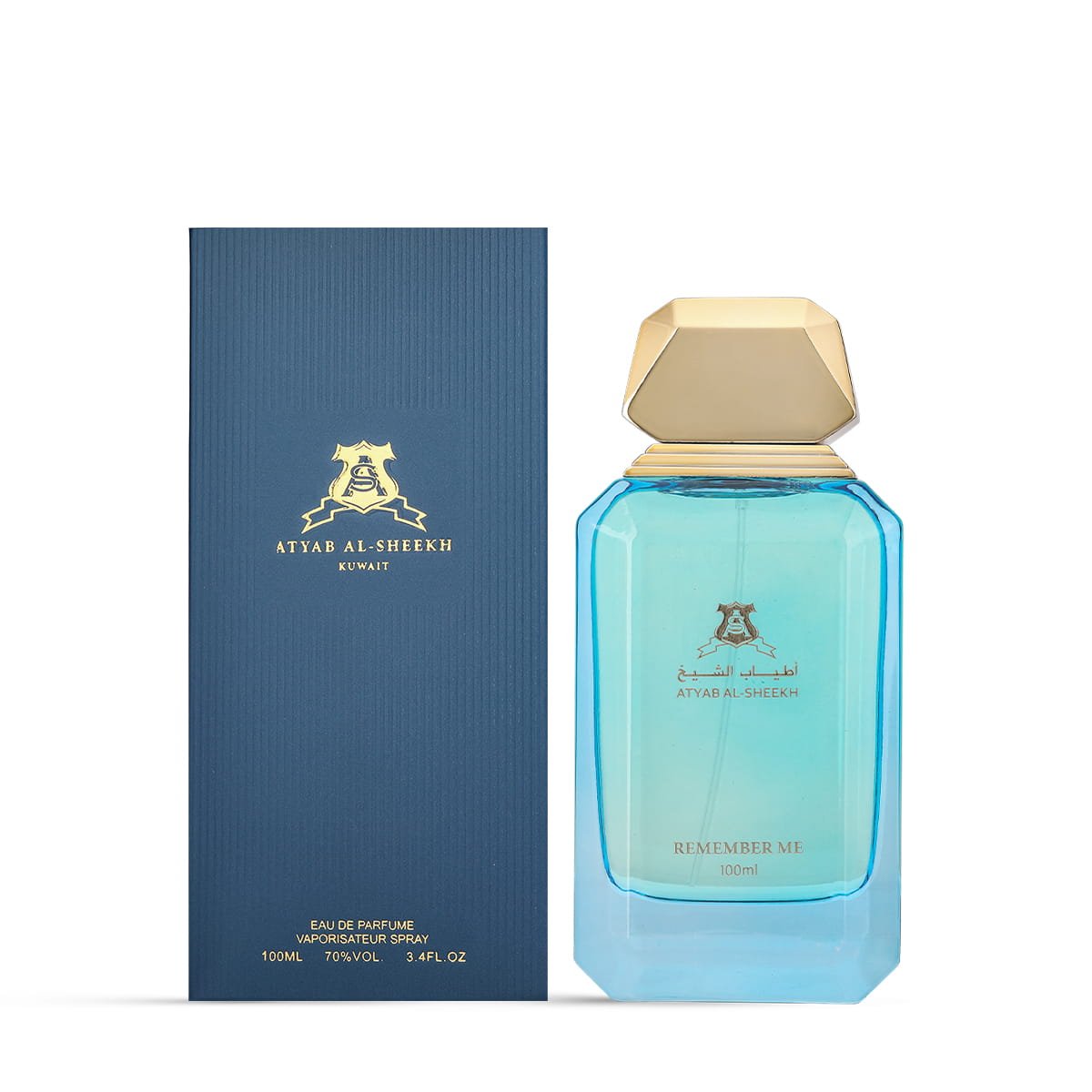 Atyab Al Sheekh Remember Me Blue perfume next to luxury box, premium fresh fragrance UK