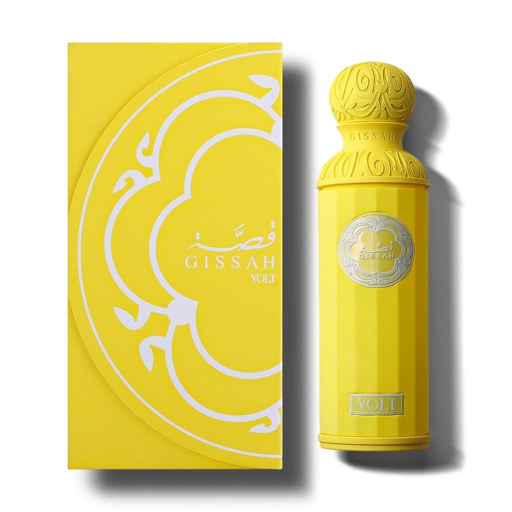 Front view of Gissah VOLT perfume box and bottle – citrus aromatic unisex fragrance – Al Rashid Galleria UK exclusive