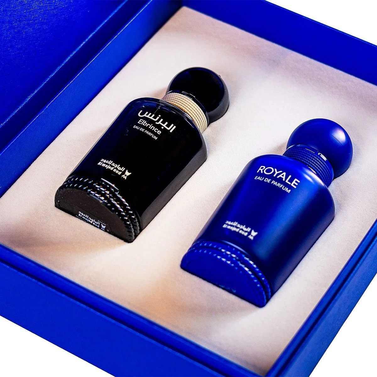 Al Majed Oud Elbrince Classics and Royale gift set angled open box view, premium fragrance set UK