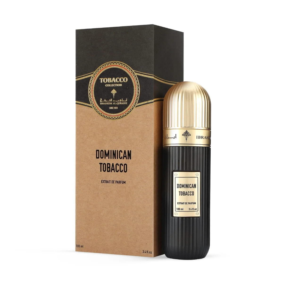 IBRAQ Dominican Tobacco perfume in front of box, luxury fragrance UK