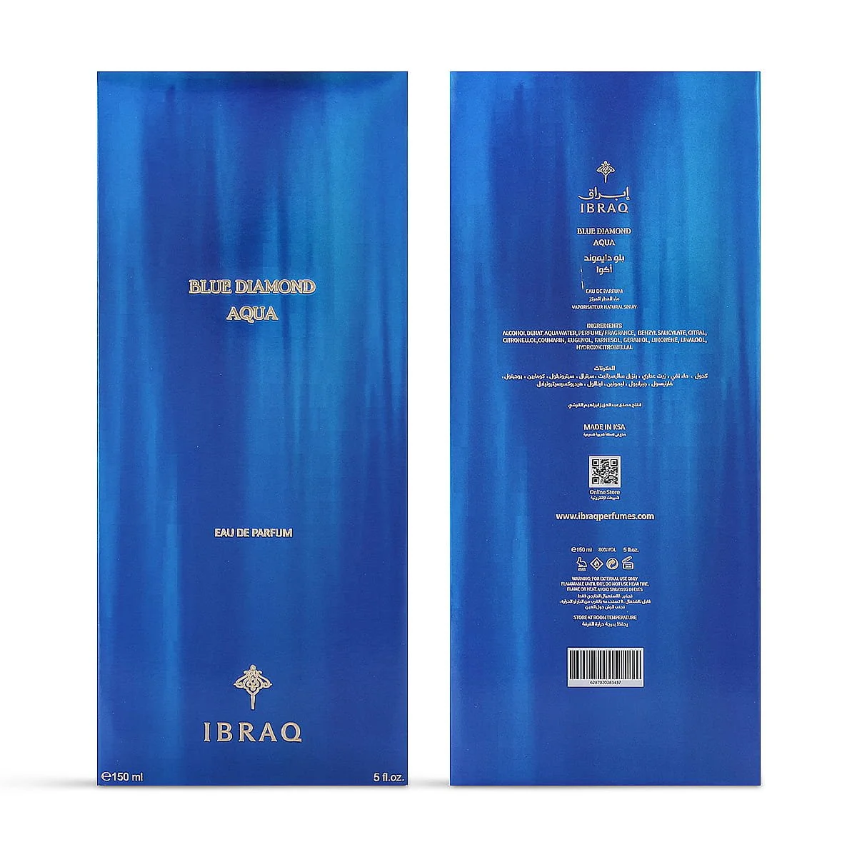 Front and back of IBRAQ Blue Diamond Aqua box in one photo, luxury packaging UK
