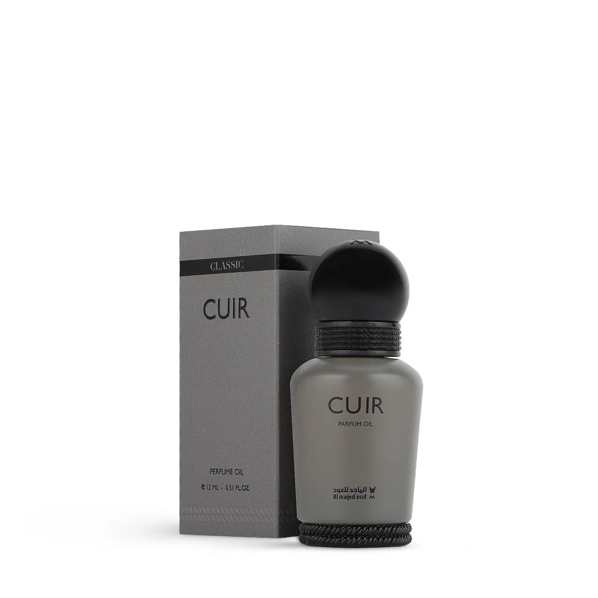 Al Majed Oud Cuir parfum oil 15ml next to box, luxury fragrance oil UK