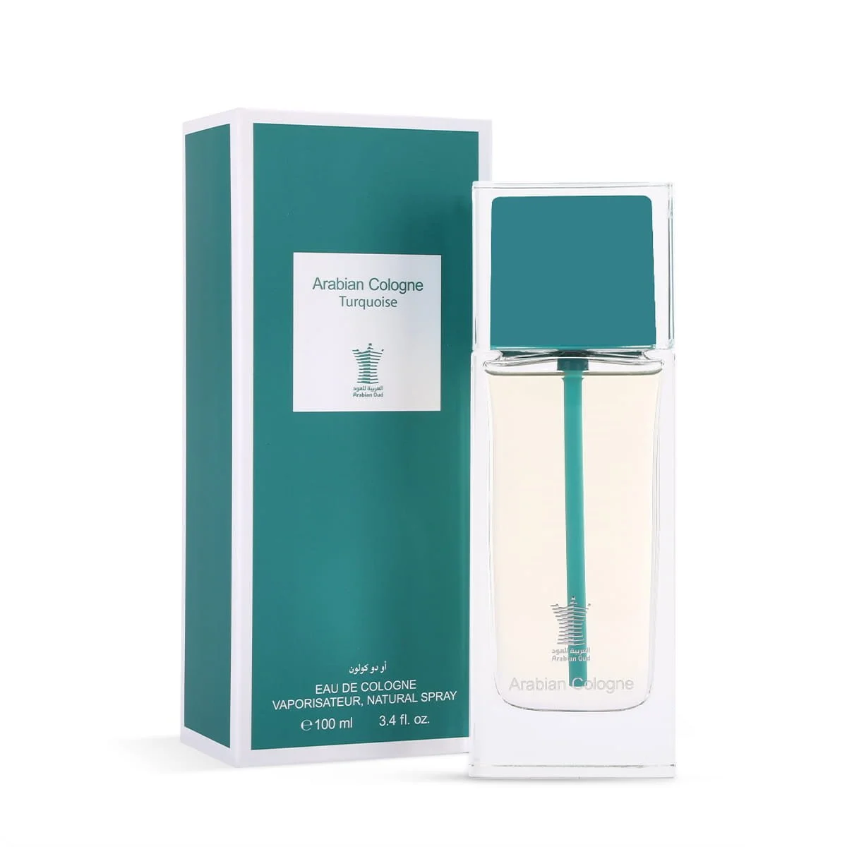 Arabian Oud Arabian Cologne Turquoise Eau De Cologne 100ml beside luxury branded box UK