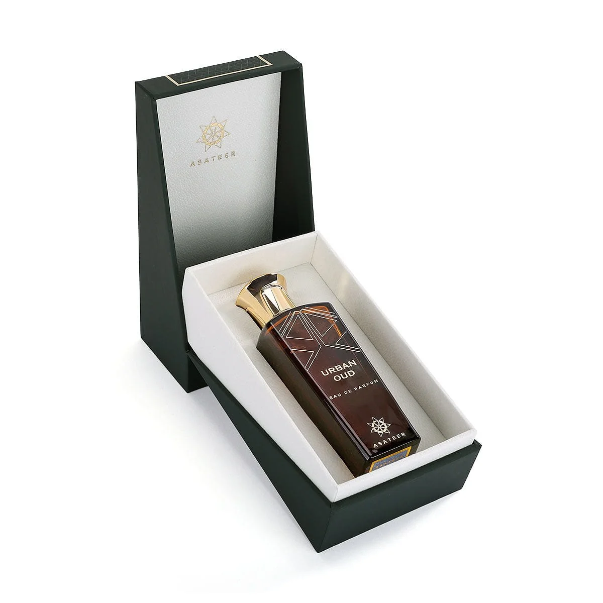 Asateer Urban Oud Eau De Parfum inside opened luxury presentation box UK