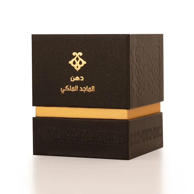 Front view of Al Majed Oud Dehn Oud Al Majed Al Malaki 3ml box, luxury packaging UK