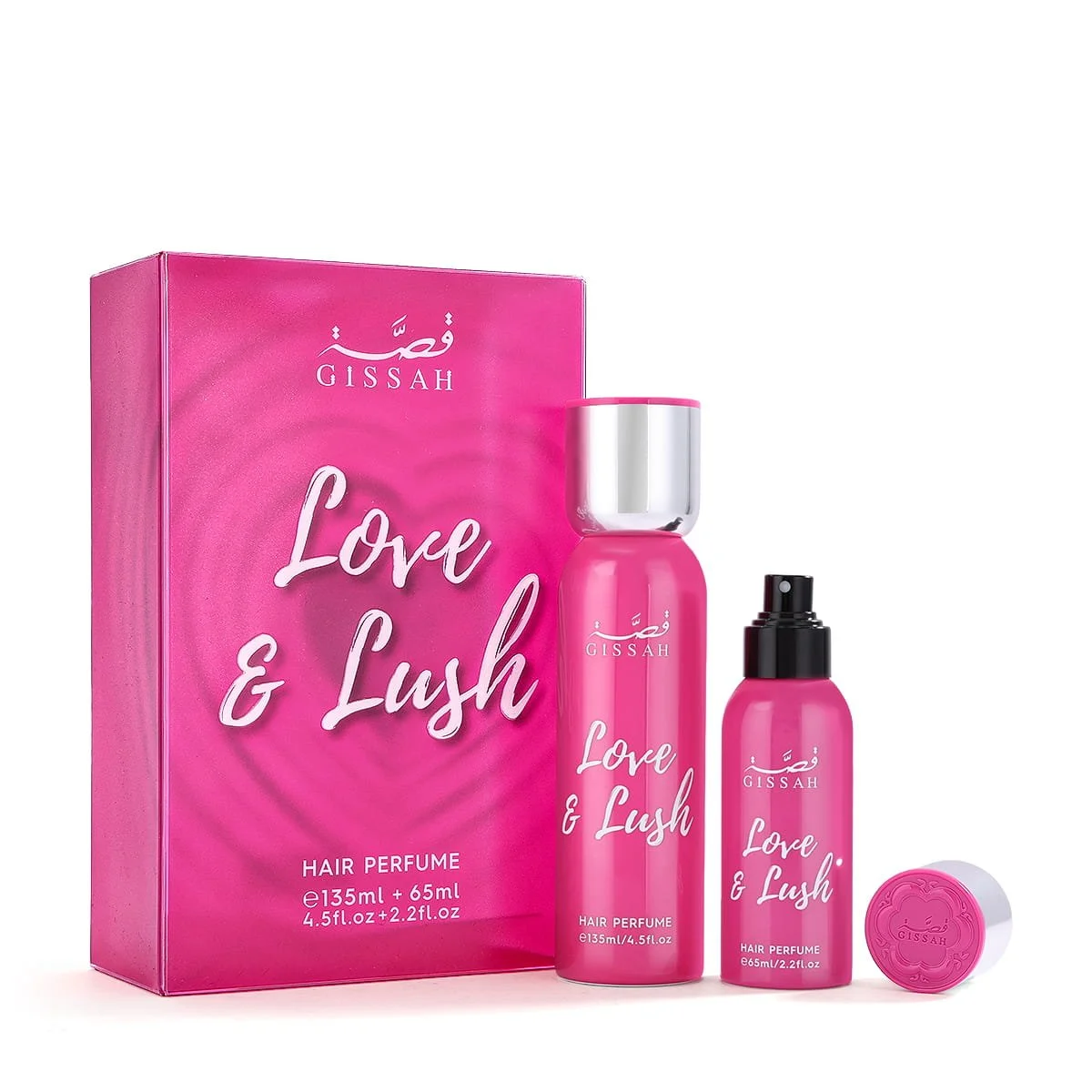 Gissah Love & Lush hair mist set displayed in front of box, luxury unisex hair perfume UK