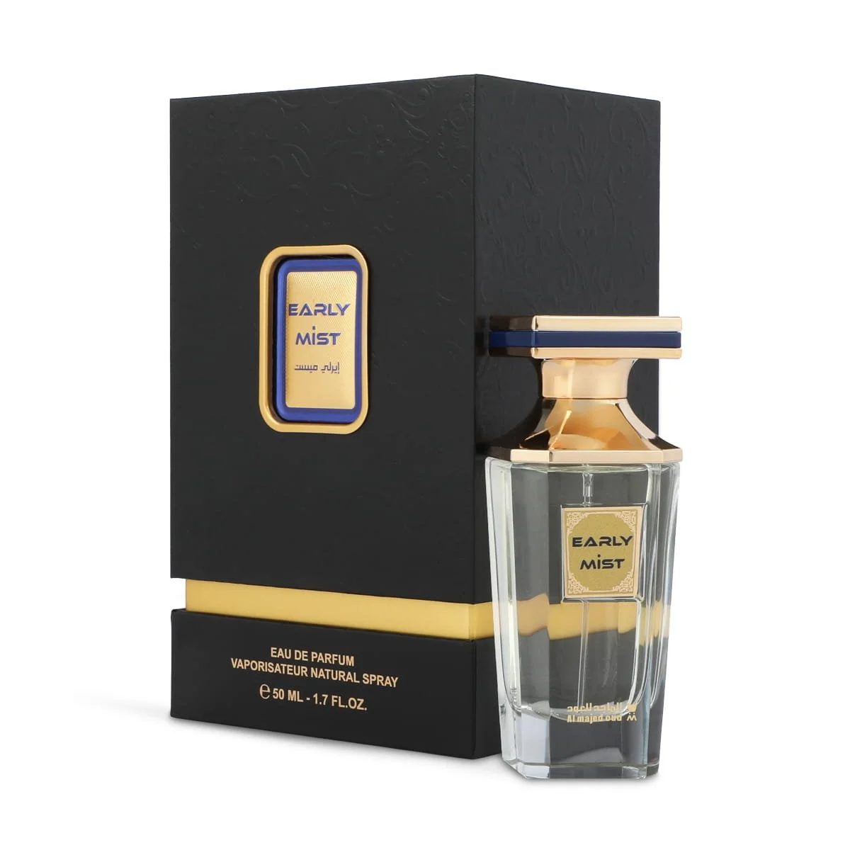 Al Majed Oud Early Mist perfume 50ml next to box, luxury fragrance UK