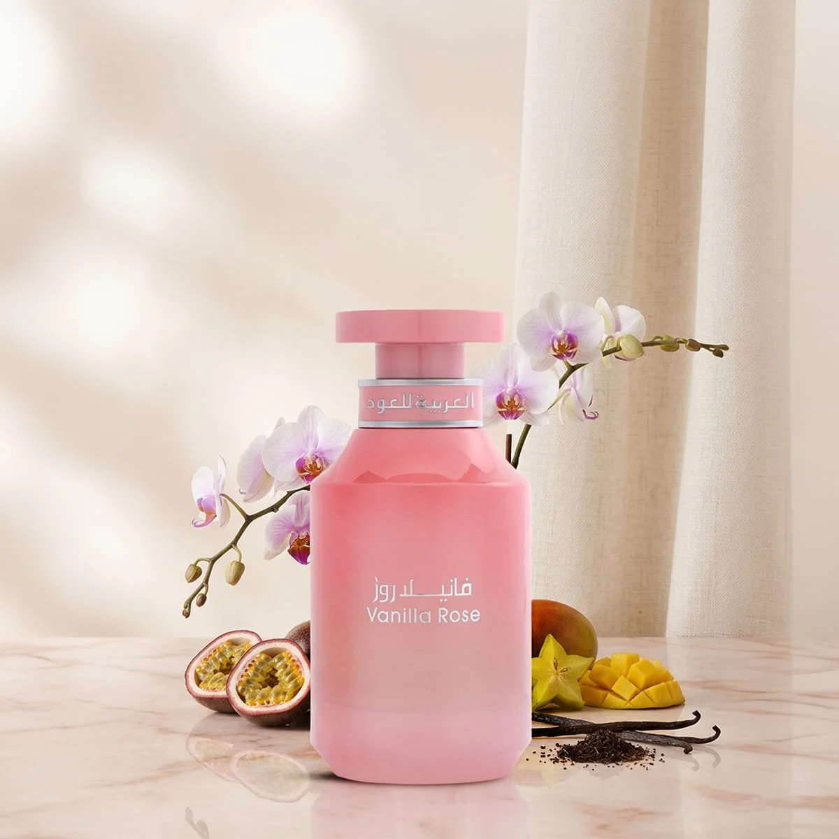 Arabian Oud Vanilla Rose perfume with rose, vanilla and tropical fruits ingredients, luxury fragrance UK